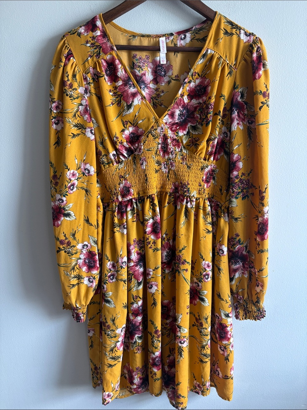 Xhilaration Mustard Floral Smocked Empire Waist Mini Dress Large Boho